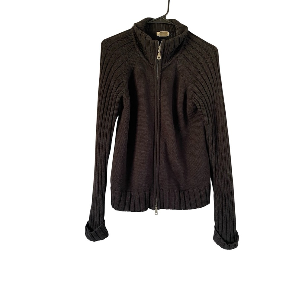 St. John’s Bay Women’s Black Zip-Up Ribbed Cable Knit Turtleneck Sweater Jacket
